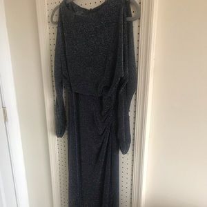 Long navy/silver dress. Side slit, cold shoulder